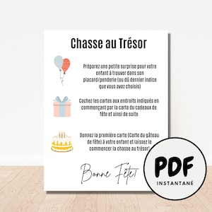 Birthday treasure hunt for children, Party treasure hunt in French, Printable birthday games for children,