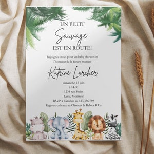Carte invitation baby shower de la jungle modifiable, un petit sauvage en route, invitation shower de bébé safari, animaux de la jungle