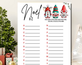 Könnte beinhalten: Ein druckbares Weihnachts-Wortspiel auf Französisch. Das Spiel heißt "Noël A-Z". Die Spieler müssen für jeden Buchstaben des Alphabets ein Weihnachtswort aufschreiben. Der Spieler mit den meisten Wörtern gewinnt. Das Spiel zeigt drei Comic-Wichtel, die rote, weiße und grüne Hüte tragen.