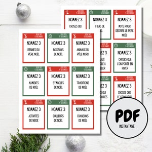 Peut inclure: Une feuille PDF imprimable avec 12 cartes de jeu sur le thème de Noël. Chaque carte a une bordure rouge ou verte et présente une icône de minuterie, le texte "Jeux des 5 Secondes" et un défi pour nommer trois choses liées à Noël. Par exemple, une carte demande aux joueurs de nommer trois choses que le Père Noël porte.