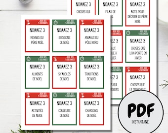 Könnte beinhalten: Ein druckbares PDF-Blatt mit 12 Weihnachts-Spielkarten. Jede Karte hat einen roten oder grünen Rand und zeigt ein Timer-Symbol, den Text "Jeux des 5 Secondes" und eine Herausforderung, drei Dinge zu benennen, die mit Weihnachten zu tun haben. Zum Beispiel fordert eine Karte die Spieler auf, drei Dinge zu nennen, die der Weihnachtsmann trägt.