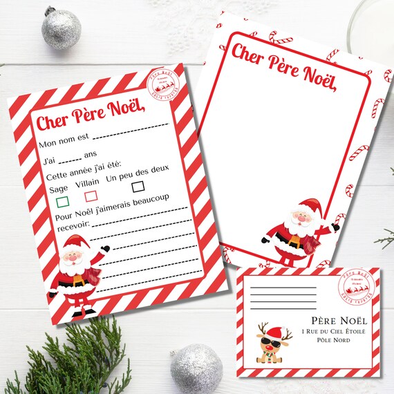 Lettre au Père Noël à imprimer, Lettre au Père Noël pour enfants, Liste de souhaits pour Noël, Lettre au Père Noël et enveloppe en français