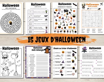 May include: A set of 15 Halloween-themed games for kids. The games include a maze, a word search, a treasure hunt, and more. The games are printed on white paper with black and orange ink.