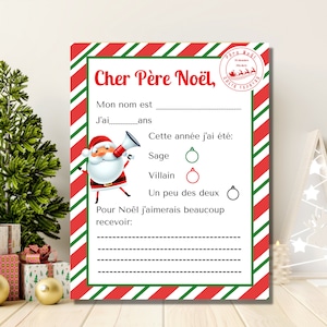 Carta a Papá Noel en francés para imprimir, Carta navideña bonita o villana, Carta a Papá Noel para niños