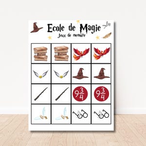 Peut inclure: Un jeu de mémoire imprimable sur le thème d'Harry Potter. Le plateau de jeu présente des images d'une pile de livres, d'un phénix, d'un chapeau de tri, d'un vif d'or, d'une baguette magique, d'une paire de lunettes et du nombre 9 3/4. Le titre du jeu est "Ecole de Magie" et le texte "Jeux de memoire" est sous le titre.