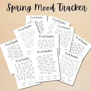 Peut inclure: Plusieurs feuilles blanches de suivi d'humeur avec des illustrations sur le thème du printemps, comme des lapins, des papillons et des fleurs. Chaque feuille porte le titre "Mood Tracker" et des espaces pour noter les sentiments quotidiens. Le texte "Spring Mood Tracker" est en haut.