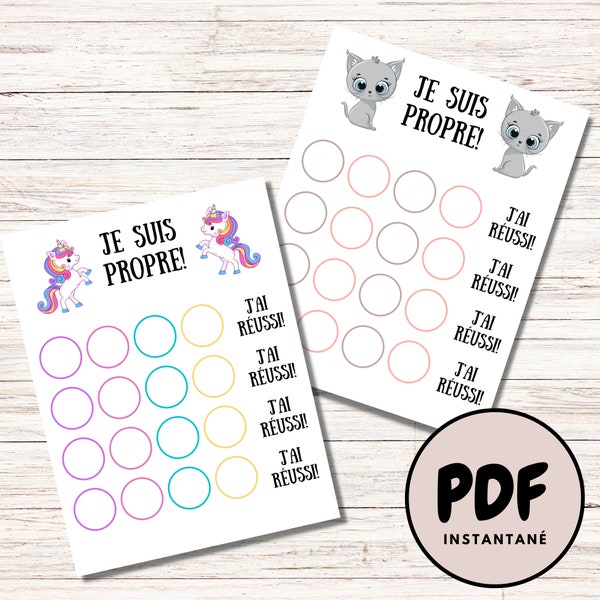 Apprentissage de la propreté pour enfants, Tableau de propreté pour filles à imprimer, Motivation à la propreté Licorne, Défi propreté Chat