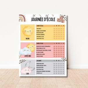 Peut inclure: Un tableau imprimable pour les enfants afin de suivre leur routine quotidienne. Le tableau est divisé en trois sections : matin, après-midi et soir. Chaque section présente une illustration mignonne et une liste d’activités à réaliser. Le tableau est conçu avec une palette de couleurs rose pâle, jaune et bleu.