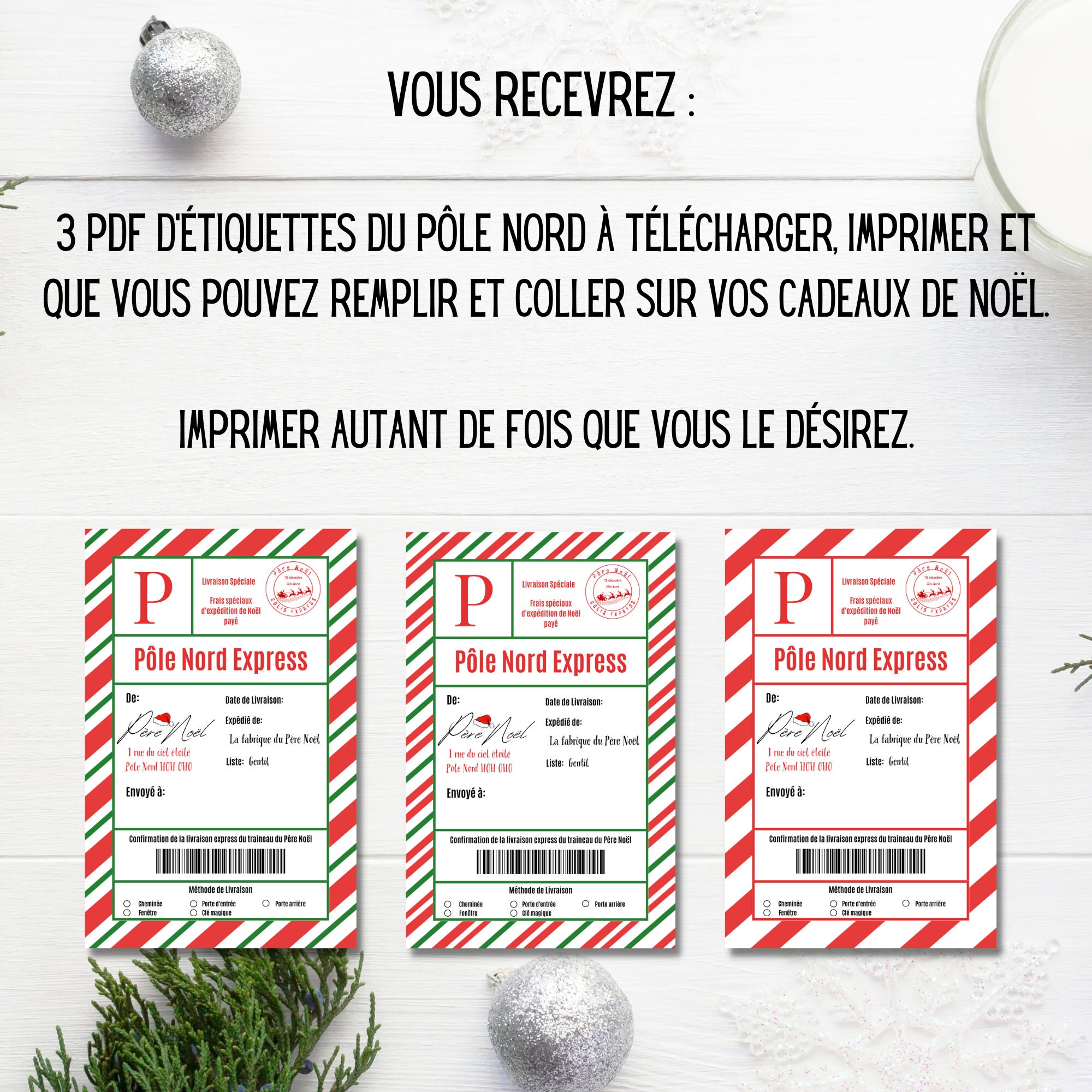 Bundle 3 Santa Claus Shipping Label in French, Printable North Pole ...