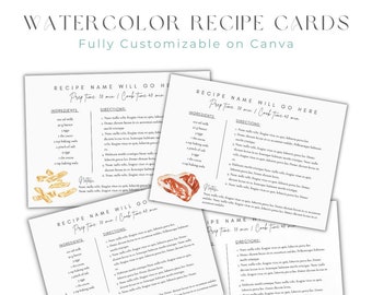 Tarjeta de receta editable / Descarga de plantilla de acuarela / Tarjetas de receta imprimibles 4x6 / Tarjetas de receta editables