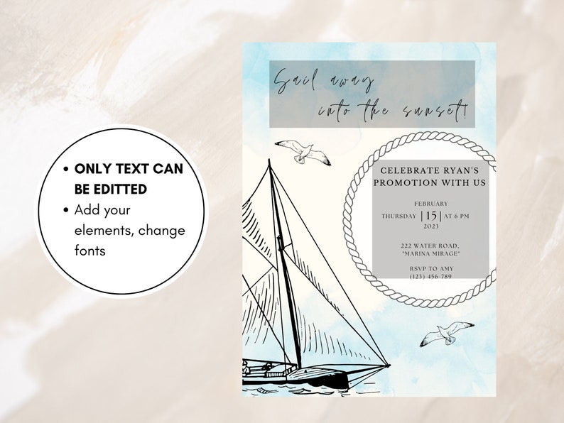 Boat Party Invitation Template, Canva Editable Text, Nautical Party ...