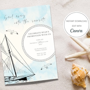 Boat Party Invitation Template, Canva Editable Text, Nautical Party, Sailing Evite, Instant Download