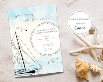 May include: A blue and white watercolor invitation with a sailboat illustration and the text "Sail away into the sunset". The invitation is for a promotion celebration for Ryan, with the date and time of the event listed. The text "Instant Download, Edit with Canva" is also included.