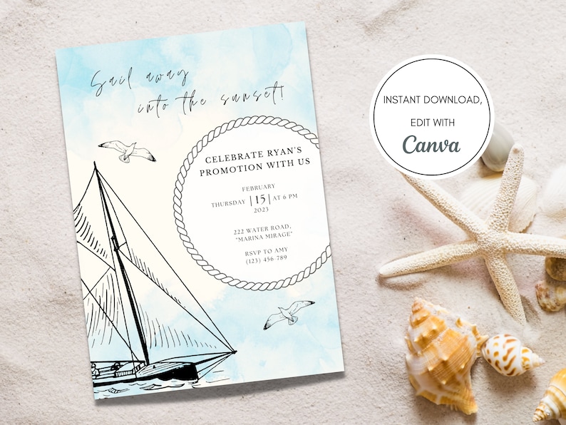 Boat Party Invitation Template, Canva Editable Text, Nautical Party ...