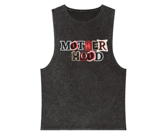 Camiseta sin mangas con la palabra "Maternidad" / Gráfico de letras vintage, color negro desgastado.