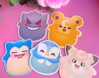 Pocket Monster Squishmallows | Adesivos holográficos grandes Kawaii | Adesivos holográficos fofos de animais de pelúcia