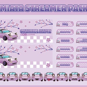 May include: A Miata Streamer Pack design in shades of purple, featuring a car, cherry blossoms, and various overlay elements. Includes panels for channel name, FAQ, subscribe, and more. The design is perfect for Twitch or YouTube streamers.