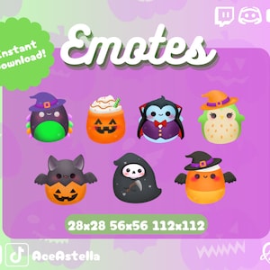 Op de afbeelding: Set van acht Halloween-emoticons met verschillende personages zoals een pompoen, een vleermuis, een spook en een maïs. De emoticons zijn in verschillende formaten, waarbij de grootste 112x112 pixels is en de kleinste 28x28 pixels. De emoticons zijn ontworpen in een schattige en cartoonachtige stijl.