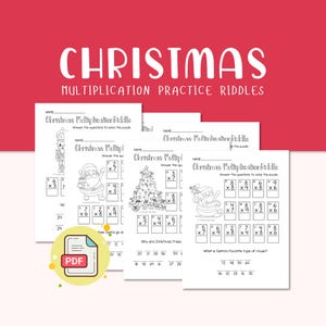 May include: Three black and white printable worksheets with Christmas-themed multiplication problems. The worksheets feature a nutcracker, Santa Claus, and a Christmas tree.
