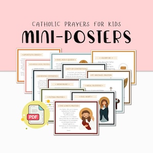 May include: A set of printable Catholic prayer posters for kids. The posters feature colorful illustrations and text in a variety of fonts. The posters include prayers such as the Apostle's Creed, Hail Mary, and the Lord's Prayer.