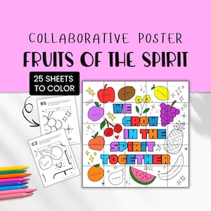 Könnte beinhalten: Ein kollaboratives Poster mit dem Titel "Früchte des Geistes" mit 25 Blättern zum Ausmalen. Das Poster zeigt verschiedene Früchte und den Satz "We Grow in the Spirit Together". Ausmalbilder und Farbstifte sind ebenfalls sichtbar.