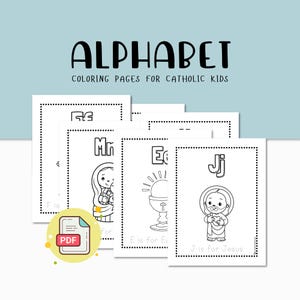 May include: Black and white coloring pages for Catholic kids featuring the letters E, J, and M. The letter E is for Eucharist, J is for Jesus, and M is for Mary. Each page has a simple illustration to color.