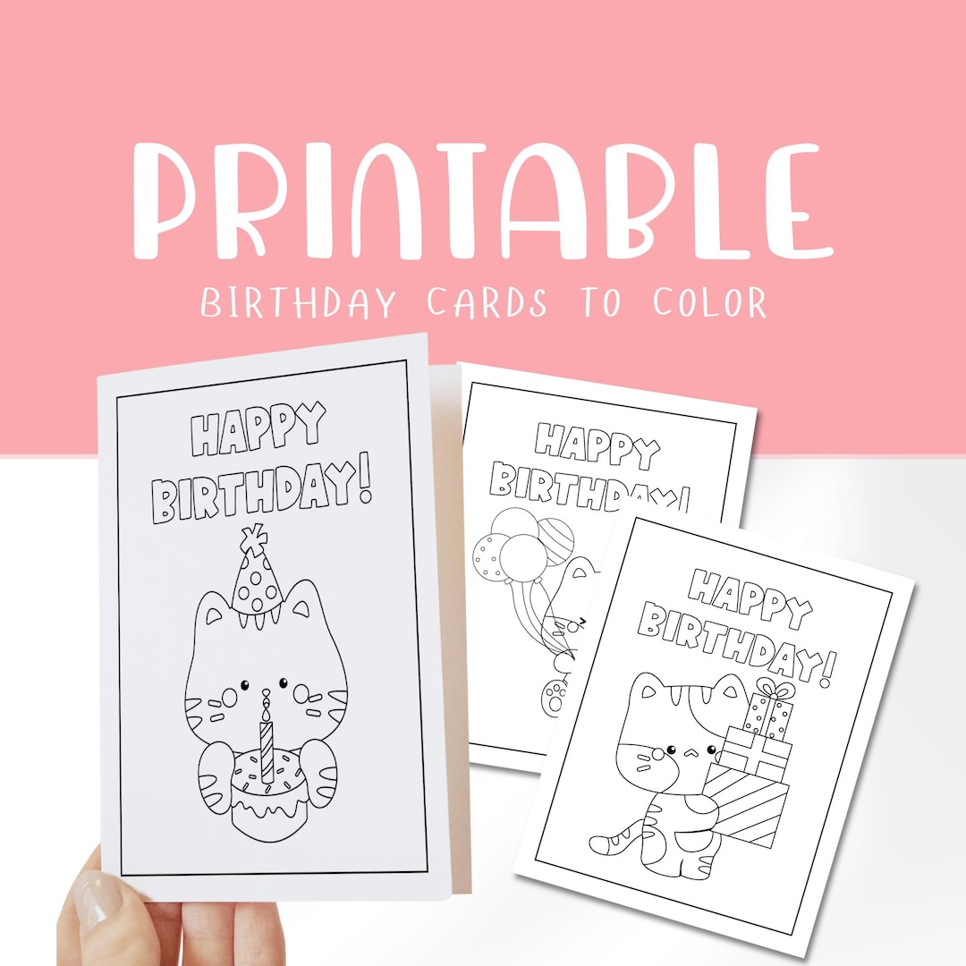 Birthday Coloring Cards for Kids | Printable A2 Cat Greeting Cards With ...
