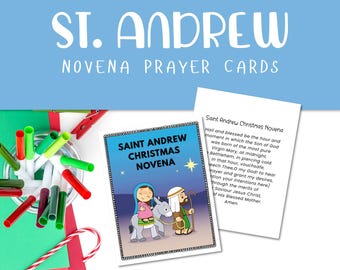 Op de afbeelding: St. Andrew Novena gebedskaarten met een blauwe achtergrond. Eén kaart toont een illustratie van een vrouw en een man met een ezel. De tekst "Saint Andrew Christmas Novena" wordt weergegeven. Een tweede kaart toont het gebed.
