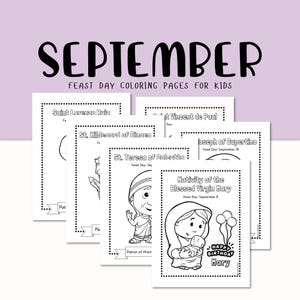 Può includere: Un gruppo di pagine da colorare per bambini con il testo "SEPTEMBER FEAST DAY COLORING PAGES FOR KIDS". Ogni pagina presenta un santo, tra cui Santa Teresa di Calcutta e Santa Maria, con il testo "Happy Birthday Mary".