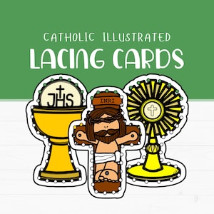Könnte beinhalten: Katholische illustrierte Schnürkarten mit religiösen Illustrationen. Das Bild zeigt einen Kelch, ein Kruzifix mit Jesus und eine Monstranz, alles im Cartoon-Stil mit schwarzen Umrissen und weißen gepunkteten Rändern. Der Hintergrund ist grün und weiß.