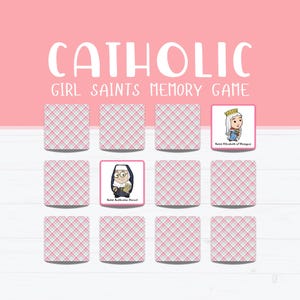 May include: A pink and white memory game with the text "Catholic Girl Saints Memory Game." The game features illustrated cards of saints and patterned backs. The game is set against a pink background.