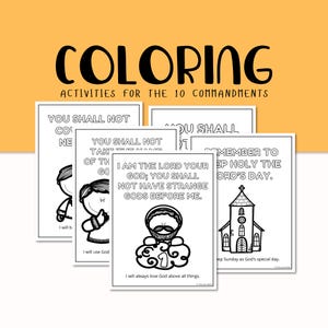 May include: A stack of coloring pages with black line drawings and text. The pages feature illustrations and text related to the Ten Commandments, with the word "COLORING" at the top. The pages are on a yellow background.