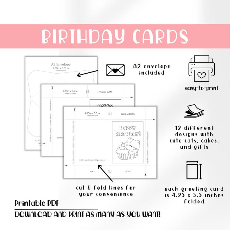 Birthday Coloring Cards for Kids | Printable A2 Cat Greeting Cards With ...