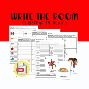 May include: A printable PDF worksheet titled "Write the Room Christmas in Mexico" with various illustrations and fill-in-the-blank sections. The worksheet includes images of a piñata, tamales, and other Christmas-themed items.