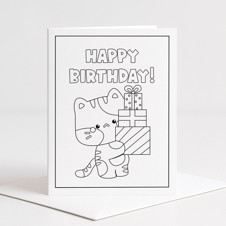 Birthday Coloring Cards for Kids | Printable A2 Cat Greeting Cards With ...