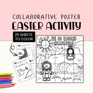 Peut inclure: Une affiche d'activité de Pâques imprimable en noir et blanc avec 25 feuilles à colorier. L'affiche représente une scène de Jésus ressuscitant de la tombe avec le texte "Il est ressuscité ! Alléluia !"