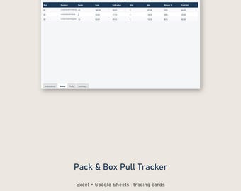 May include: A digital spreadsheet titled Pack-Pull-Tracker.xlsx featuring columns for Box, Product, Packs, Cost, Pull value, Hits, Net, Return %, and Cost/hit. Below the spreadsheet, the text reads Pack & Box Pull Tracker, Excel + Google Sheets.