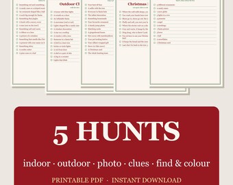 5 Christmas Scavenger Hunts for Kids Printable, Indoor Outdoor and Photo Clue Hunts, Holiday Party Game, Digital Download