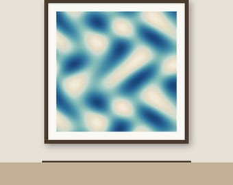 May include: A square wall art piece featuring a blurred, abstract pattern of deep blue, light blue, and cream-colored organic shapes. The artwork is enclosed within a thin, dark brown frame, creating a clean and focused visual presentation.