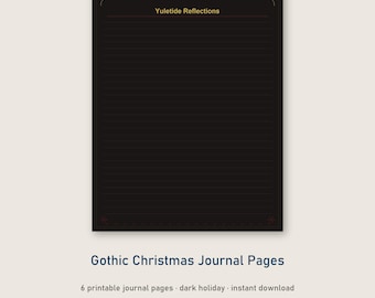 May include: A rectangular black journal page featuring thin horizontal lines for writing. The text Yuletide Reflections is printed in gold at the top center. The page includes a thin gold border and small red decorative accents at the bottom corners.