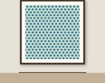 May include: A square wall art piece featuring a dark brown frame and a white mat. The central print displays a repeating pattern of soft-edged blue circles arranged in a grid against a light background, creating a subtle gradient effect.