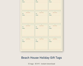 May include: A sheet of twelve rectangular gift tags on a cream background. Each tag features a teal border, a wavy top line, and the text "Happy Holidays" in orange. Below, the words "To:" and "From:" are printed in dark teal.