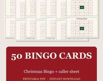 50 Christmas Bingo Cards Printable, Christmas Party Game for Kids Family Classroom, Holiday Bingo with Caller Sheet, Digital Download