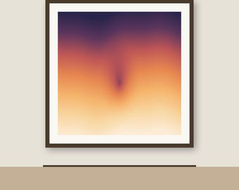 May include: A square wall art piece featuring a dark brown frame surrounding a gradient print. The colors transition from a deep purple at the top to a warm orange and light cream at the bottom, with a central dark spot.