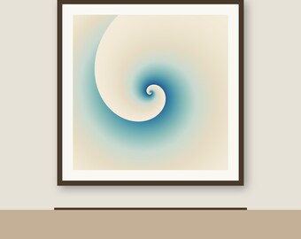 May include: A square wall art piece featuring a central spiral design that transitions from a deep blue center to a soft cream color. The artwork is enclosed in a thin, dark brown frame, creating a clean and focused visual presentation.