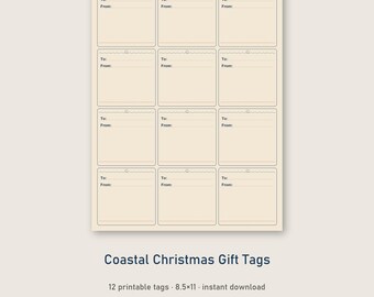 May include: A sheet of twelve rectangular gift tags on a light beige background. Each tag features a scalloped top edge with a small hole, and printed lines labeled To: and From: for writing. The sheet measures 8.5 by 11 inches.