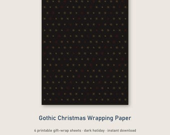 May include: A rectangular sheet of black wrapping paper featuring a repeating pattern of small, thin, six-pointed stars in gold and dark red. The stars are evenly spaced across the entire surface of the dark paper in a grid-like arrangement.