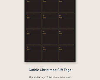 May include: A sheet of twelve rectangular black gift tags arranged in a grid. Each tag features a small hole at the top and gold-colored text that reads To: and From: with horizontal lines for writing names on a dark background.