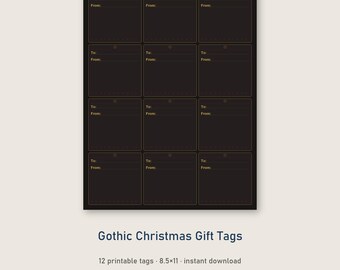 May include: A sheet of twelve rectangular black gift tags arranged in a grid. Each tag features a small hole at the top and gold-colored text that reads To: and From: with horizontal lines for writing names on a dark background.