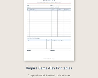 May include: A white baseball and softball lineup card template with black text and grid lines. The form includes fields for team, opponent, date, home or visitor status, starting player details, substitutes, manager name, and signature.